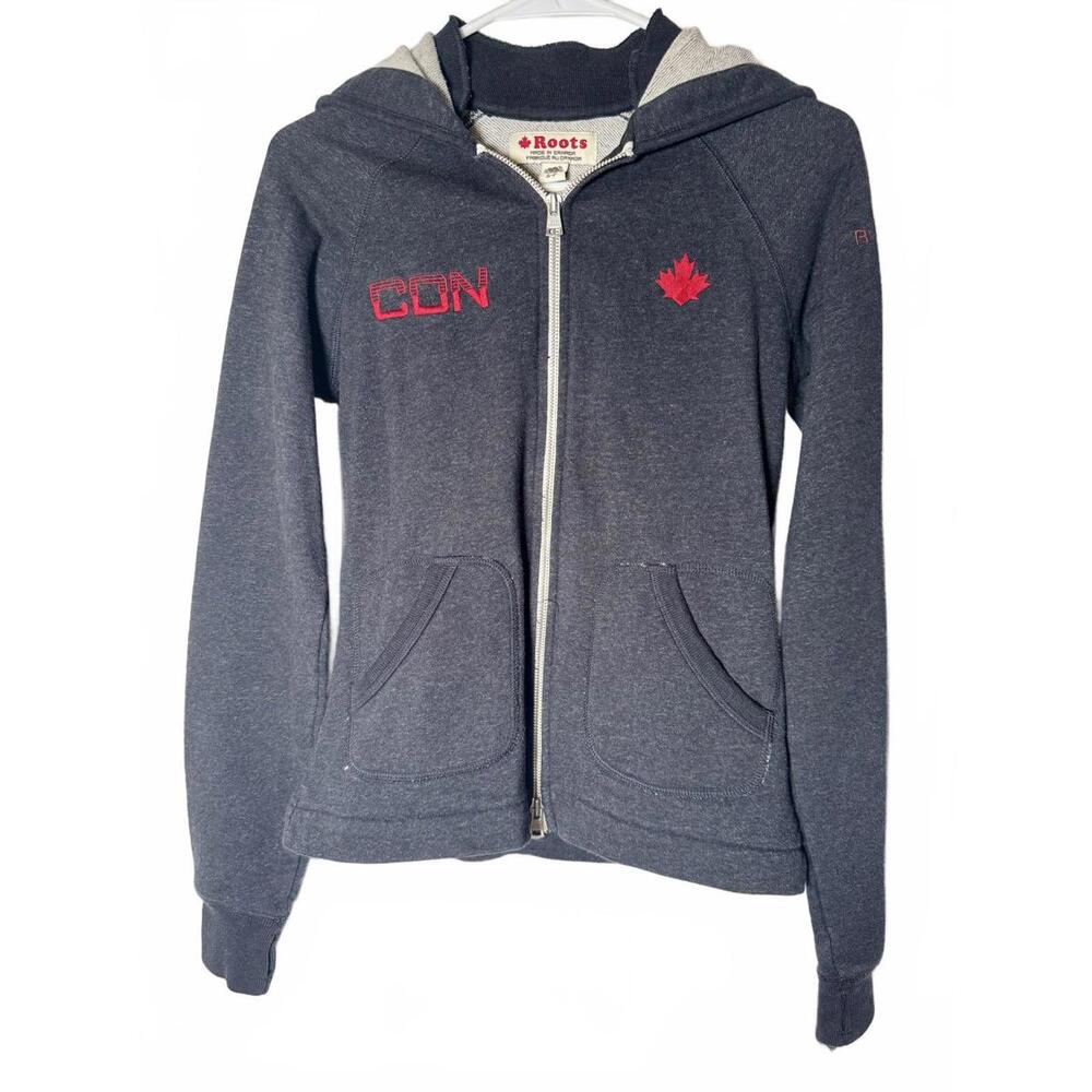 Roots Canada Full Zip Hoodie Gray Heathered Casual Small Zip Spellout Pockets